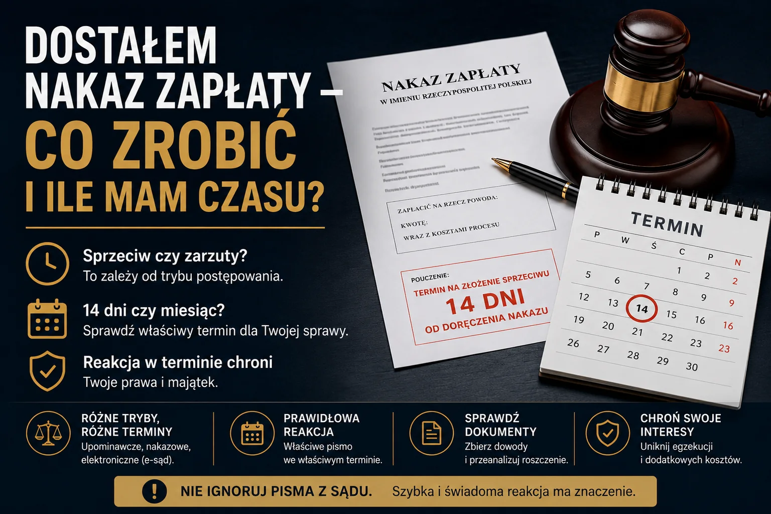 Grafika ilustrująca artykuł o nakazie zapłaty: nakaz zapłaty, termin 14 dni na sprzeciw oraz różnica między sprzeciwem a zarzutami.