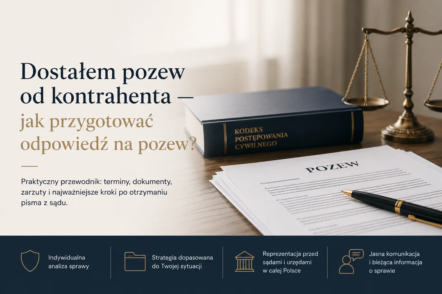 Grafika ilustrująca artykuł o odpowiedzi na pozew od kontrahenta: pozew, Kodeks postępowania cywilnego, terminy i kroki obrony.