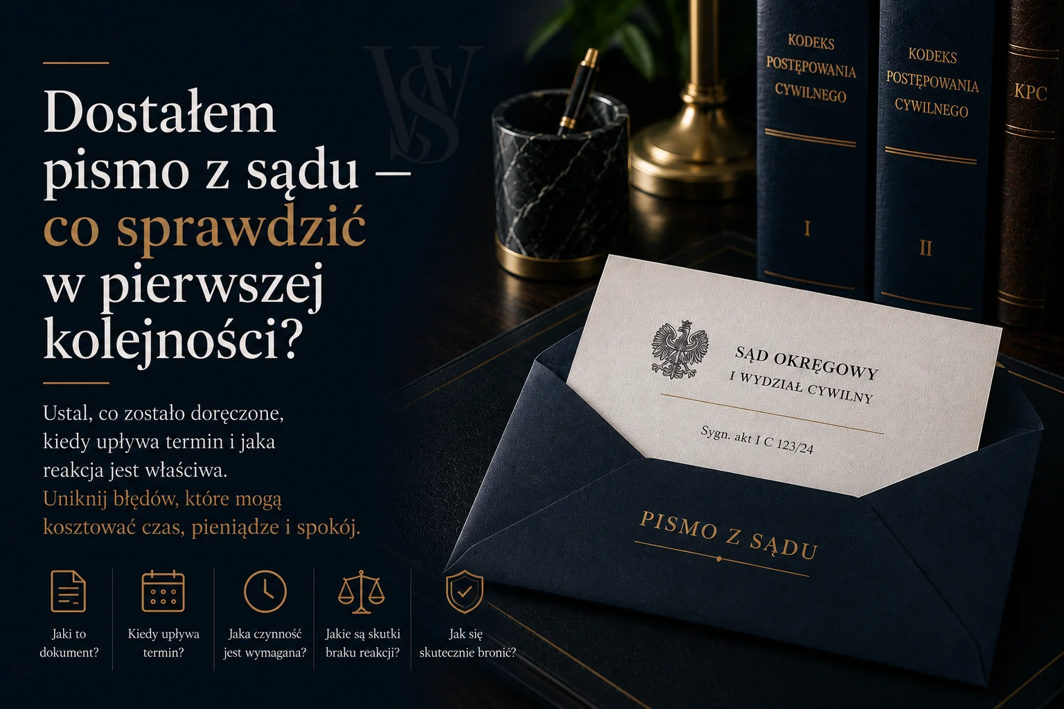 Grafika ilustrująca artykuł o tym, co sprawdzić po otrzymaniu pisma z sądu: rodzaj dokumentu, termin i właściwą reakcję.